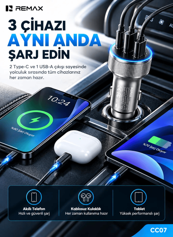 REMAX CC07 60W PD Hızlı Şarj Destekli 2 Type-C ve USB-A Çıkışlı RGB LED Işıklı Alüminyum Araç Şarj Cihazı