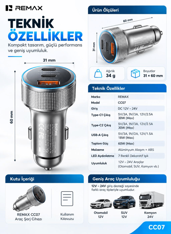 REMAX CC07 60W PD Hızlı Şarj Destekli 2 Type-C ve USB-A Çıkışlı RGB LED Işıklı Alüminyum Araç Şarj Cihazı