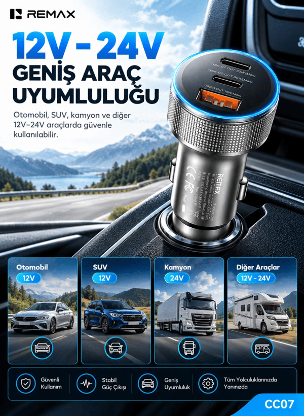 REMAX CC07 60W PD Hızlı Şarj Destekli 2 Type-C ve USB-A Çıkışlı RGB LED Işıklı Alüminyum Araç Şarj Cihazı