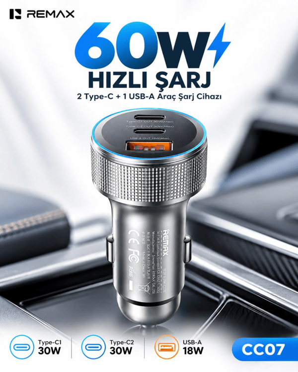 REMAX CC07 60W PD Hızlı Şarj Destekli 2 Type-C ve USB-A Çıkışlı RGB LED Işıklı Alüminyum Araç Şarj Cihazı
