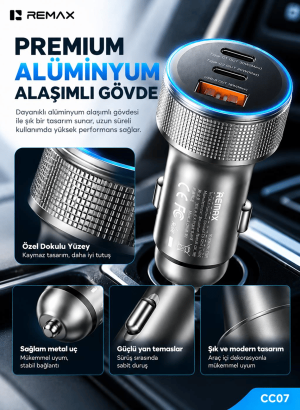REMAX CC07 60W PD Hızlı Şarj Destekli 2 Type-C ve USB-A Çıkışlı RGB LED Işıklı Alüminyum Araç Şarj Cihazı