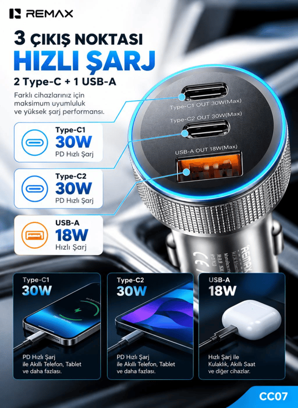 REMAX CC07 60W PD Hızlı Şarj Destekli 2 Type-C ve USB-A Çıkışlı RGB LED Işıklı Alüminyum Araç Şarj Cihazı