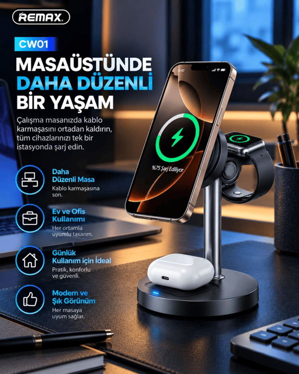 REMAX CW01 20,5W 3'ü 1 Arada Manyetik Kablosuz Şarj İstasyonu, 15W Hızlı Şarj, Telefon, Saat ve Kulaklık Şarj Standı, Siyah