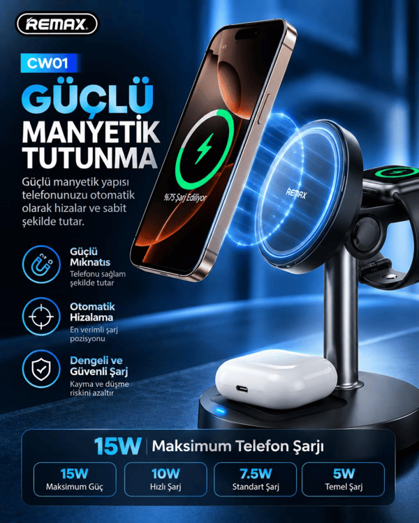 REMAX CW01 20,5W 3'ü 1 Arada Manyetik Kablosuz Şarj İstasyonu, 15W Hızlı Şarj, Telefon, Saat ve Kulaklık Şarj Standı, Siyah
