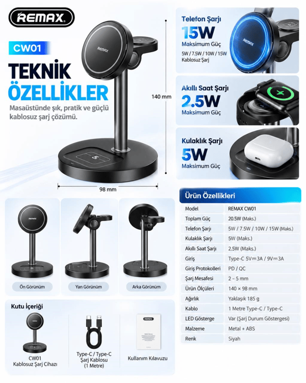 REMAX CW01 20,5W 3'ü 1 Arada Manyetik Kablosuz Şarj İstasyonu, 15W Hızlı Şarj, Telefon, Saat ve Kulaklık Şarj Standı, Siyah