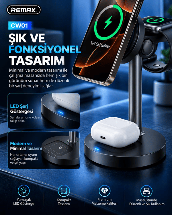 REMAX CW01 20,5W 3'ü 1 Arada Manyetik Kablosuz Şarj İstasyonu, 15W Hızlı Şarj, Telefon, Saat ve Kulaklık Şarj Standı, Siyah