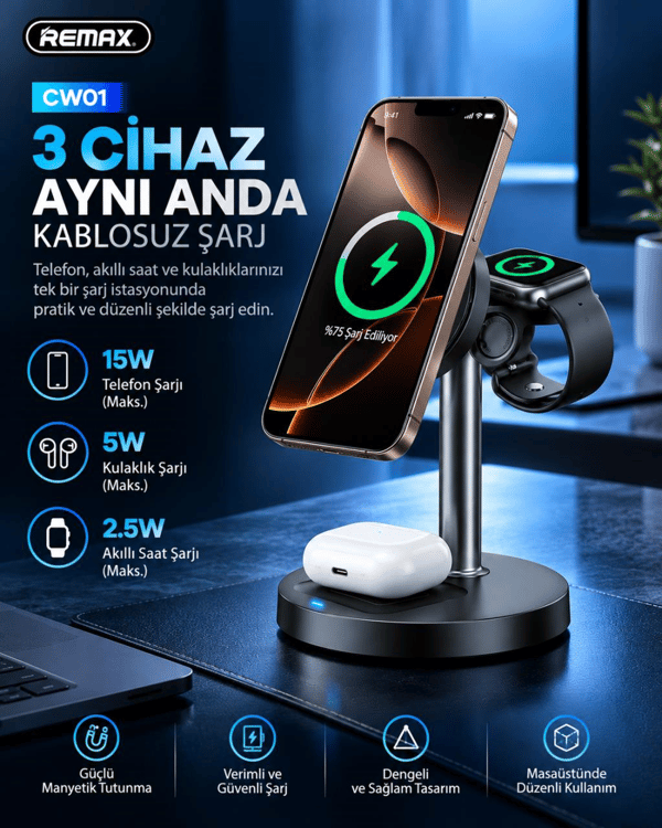REMAX CW01 20,5W 3'ü 1 Arada Manyetik Kablosuz Şarj İstasyonu, 15W Hızlı Şarj, Telefon, Saat ve Kulaklık Şarj Standı, Siyah