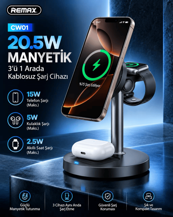 REMAX CW01 20,5W 3'ü 1 Arada Manyetik Kablosuz Şarj İstasyonu, 15W Hızlı Şarj, Telefon, Saat ve Kulaklık Şarj Standı, Siyah