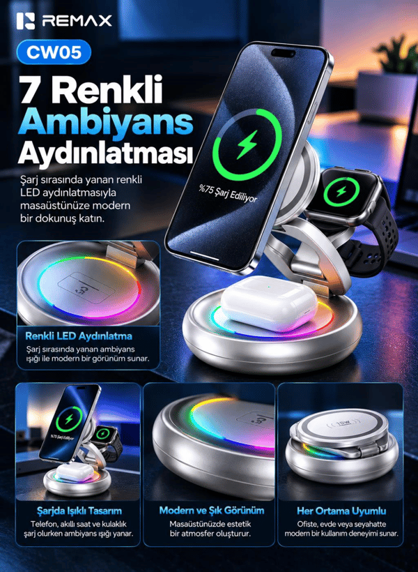 REMAX CW05 20,5W 3'ü 1 Arada Katlanabilir Manyetik Kablosuz Şarj İstasyonu, 360° Döner Taban, 7 Renk LED Işıklı, Gümüş