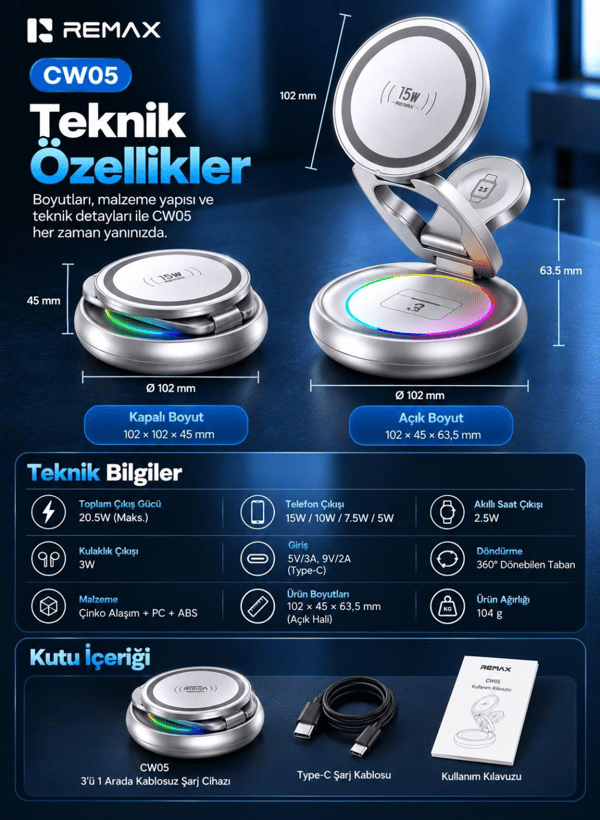 REMAX CW05 20,5W 3'ü 1 Arada Katlanabilir Manyetik Kablosuz Şarj İstasyonu, 360° Döner Taban, 7 Renk LED Işıklı, Gümüş