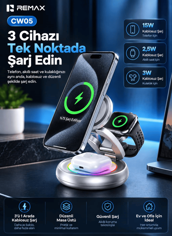 REMAX CW05 20,5W 3'ü 1 Arada Katlanabilir Manyetik Kablosuz Şarj İstasyonu, 360° Döner Taban, 7 Renk LED Işıklı, Gümüş