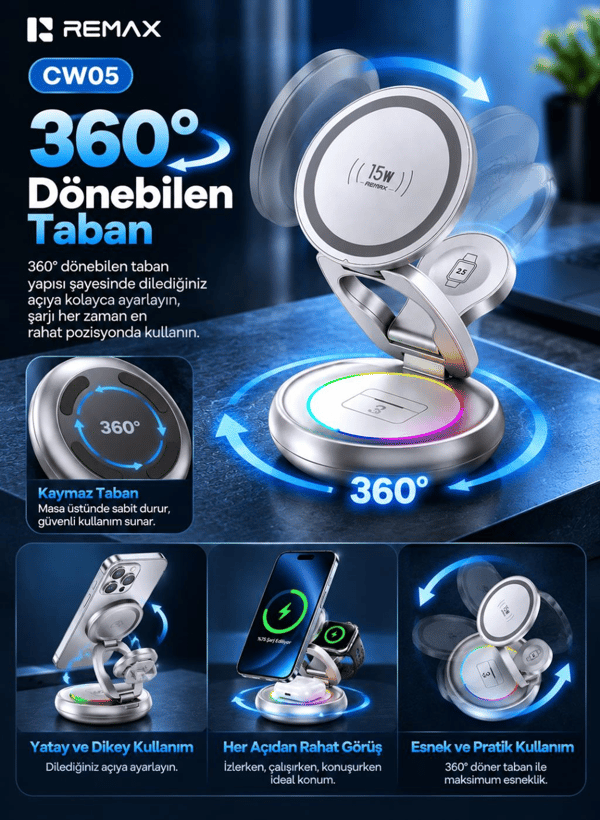 REMAX CW05 20,5W 3'ü 1 Arada Katlanabilir Manyetik Kablosuz Şarj İstasyonu, 360° Döner Taban, 7 Renk LED Işıklı, Gümüş