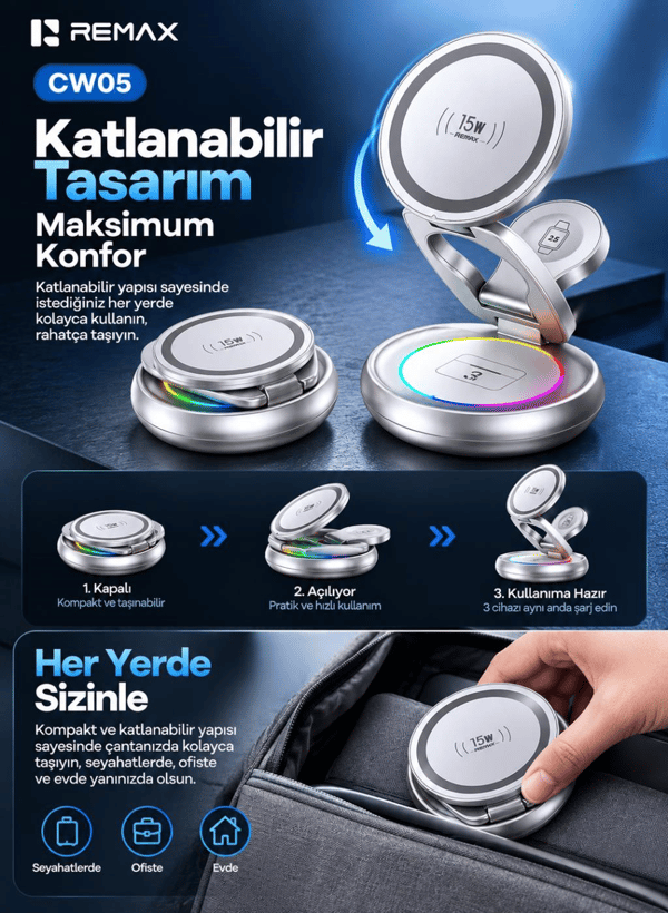 REMAX CW05 20,5W 3'ü 1 Arada Katlanabilir Manyetik Kablosuz Şarj İstasyonu, 360° Döner Taban, 7 Renk LED Işıklı, Gümüş