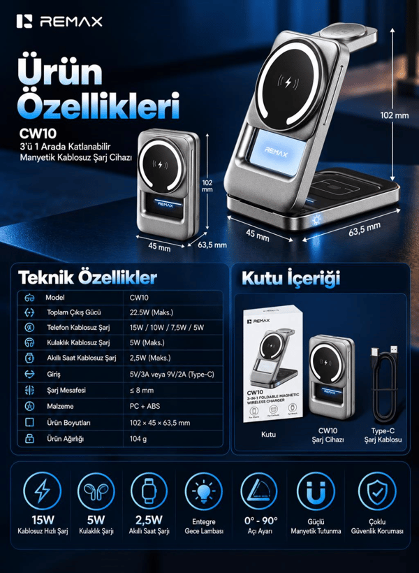 REMAX CW10 22,5W 3'ü 1 Arada Katlanabilir Manyetik Kablosuz Şarj İstasyonu, Telefon, Saat ve Kulaklık Şarjı, Gece Lambalı, Metalik Gri