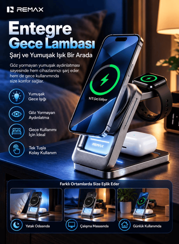REMAX CW10 22,5W 3'ü 1 Arada Katlanabilir Manyetik Kablosuz Şarj İstasyonu, Telefon, Saat ve Kulaklık Şarjı, Gece Lambalı, Metalik Gri