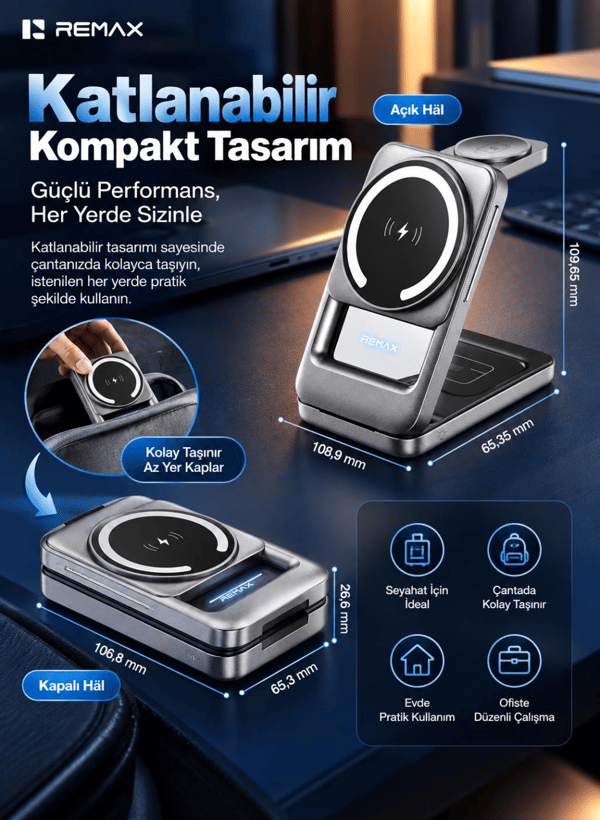 REMAX CW10 22,5W 3'ü 1 Arada Katlanabilir Manyetik Kablosuz Şarj İstasyonu, Telefon, Saat ve Kulaklık Şarjı, Gece Lambalı, Metalik Gri