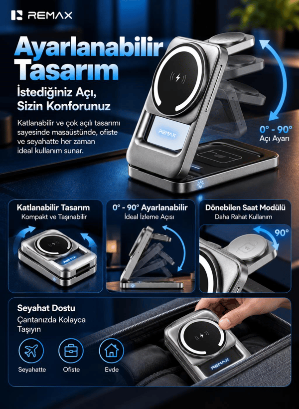REMAX CW10 22,5W 3'ü 1 Arada Katlanabilir Manyetik Kablosuz Şarj İstasyonu, Telefon, Saat ve Kulaklık Şarjı, Gece Lambalı, Metalik Gri