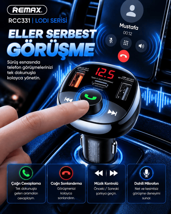 REMAX RCC331 Lodi Serisi 54,5W PD+QC Hızlı Şarjlı FM Transmitter 2 USB-A / 1 USB-C Araç Şarj Cihazı