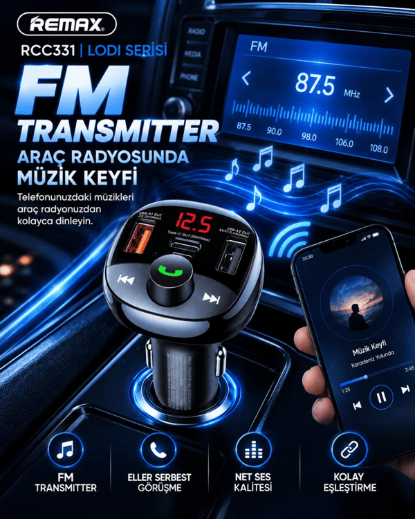 REMAX RCC331 Lodi Serisi 54,5W PD+QC Hızlı Şarjlı FM Transmitter 2 USB-A / 1 USB-C Araç Şarj Cihazı