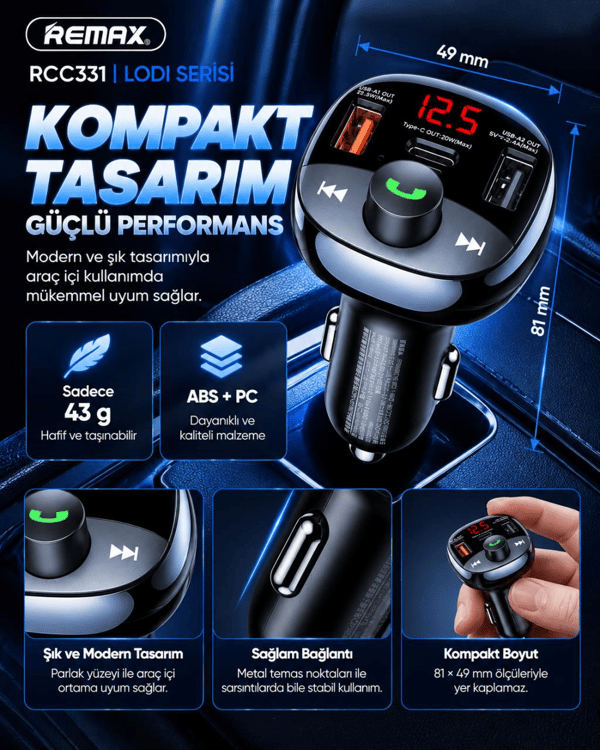 REMAX RCC331 Lodi Serisi 54,5W PD+QC Hızlı Şarjlı FM Transmitter 2 USB-A / 1 USB-C Araç Şarj Cihazı