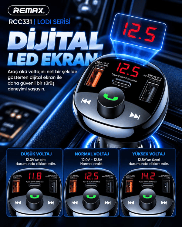 REMAX RCC331 Lodi Serisi 54,5W PD+QC Hızlı Şarjlı FM Transmitter 2 USB-A / 1 USB-C Araç Şarj Cihazı