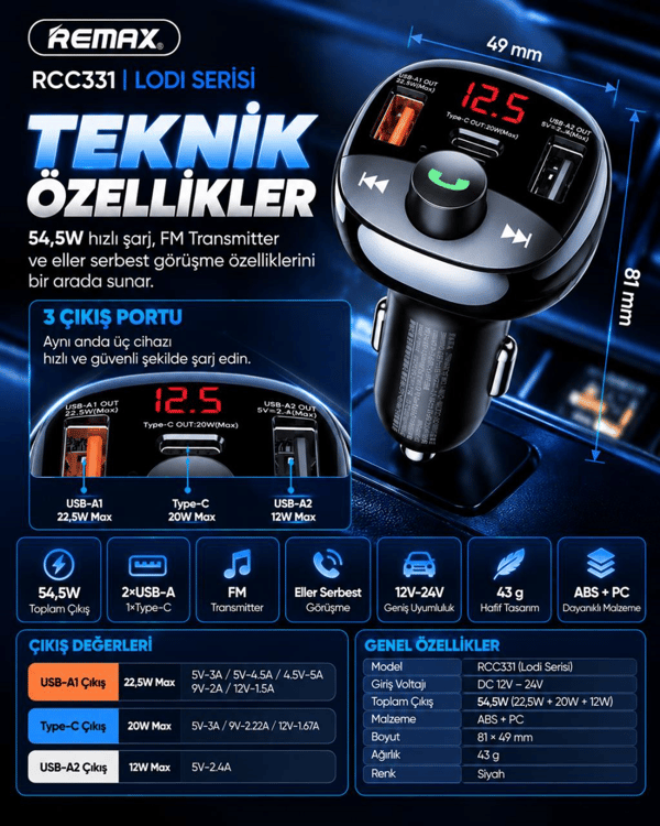 REMAX RCC331 Lodi Serisi 54,5W PD+QC Hızlı Şarjlı FM Transmitter 2 USB-A / 1 USB-C Araç Şarj Cihazı