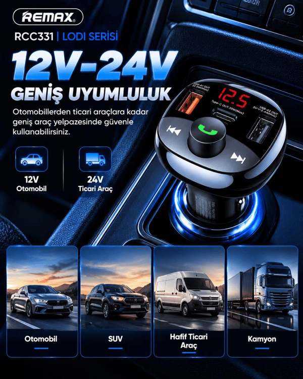 REMAX RCC331 Lodi Serisi 54,5W PD+QC Hızlı Şarjlı FM Transmitter 2 USB-A / 1 USB-C Araç Şarj Cihazı