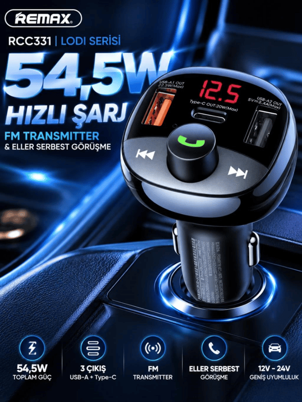 REMAX RCC331 Lodi Serisi 54,5W PD+QC Hızlı Şarjlı FM Transmitter 2 USB-A / 1 USB-C Araç Şarj Cihazı
