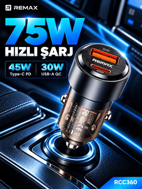 REMAX RCC360 75W PD 45W Type-C ve QC 30W USB-A Şeffaf Araç Şarj Cihazı