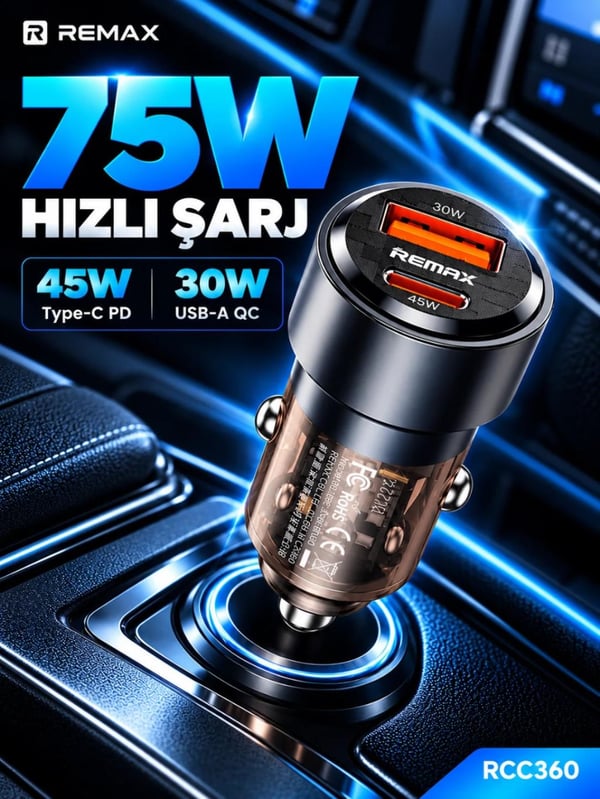 REMAX RCC360 75W PD 45W Type-C ve QC 30W USB-A Şeffaf Araç Şarj Cihazı