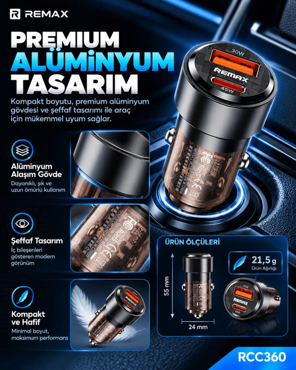 REMAX RCC360 75W PD 45W Type-C ve QC 30W USB-A Şeffaf Araç Şarj Cihazı