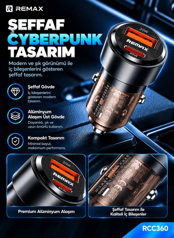 REMAX RCC360 75W PD 45W Type-C ve QC 30W USB-A Şeffaf Araç Şarj Cihazı