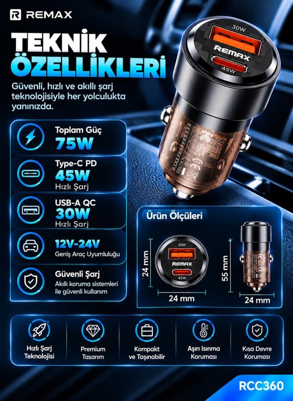 REMAX RCC360 75W PD 45W Type-C ve QC 30W USB-A Şeffaf Araç Şarj Cihazı