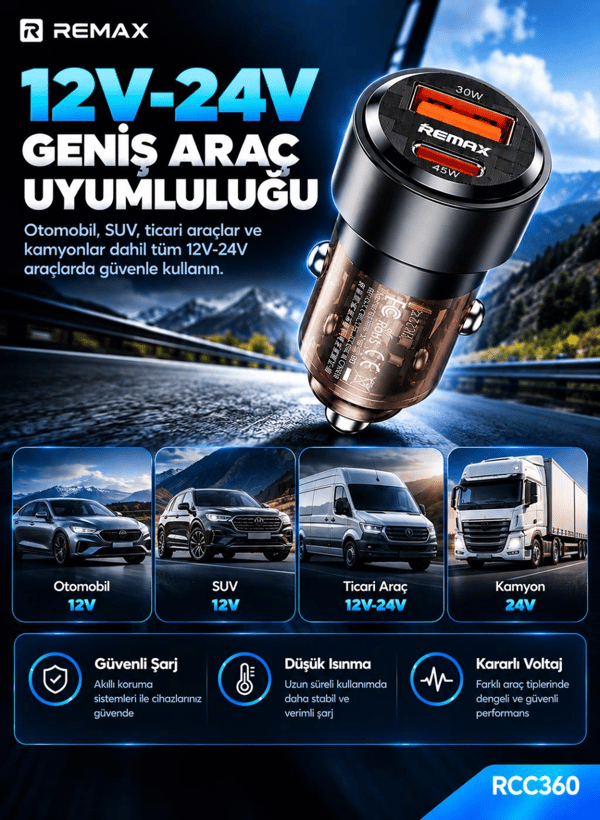 REMAX RCC360 75W PD 45W Type-C ve QC 30W USB-A Şeffaf Araç Şarj Cihazı