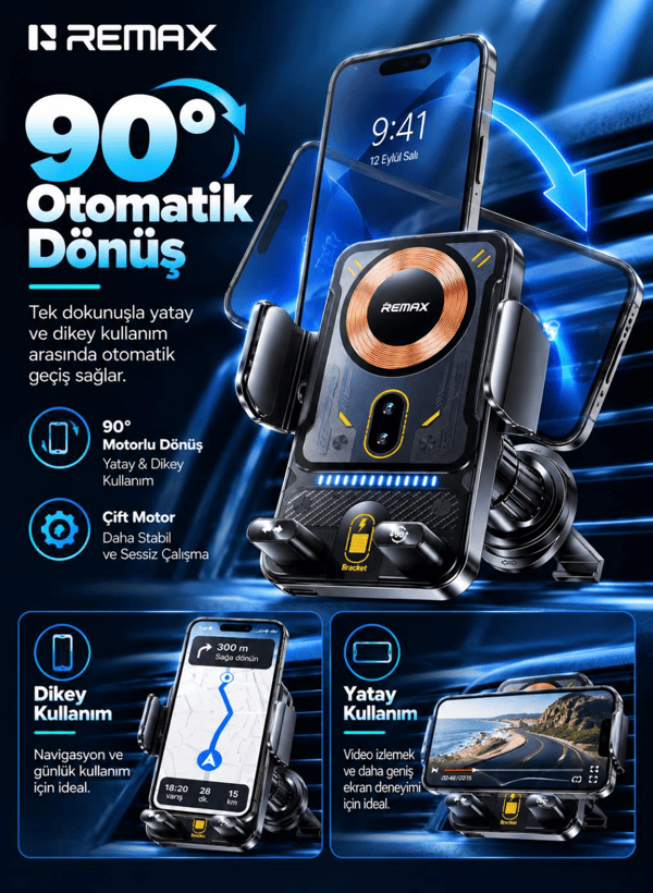 REMAX RM-C27 15W Kablosuz Şarjlı Araç Telefon Tutucu 90° Motorlu Dönüş, Akıllı Sensörlü Otomatik Kavrama, Siyah