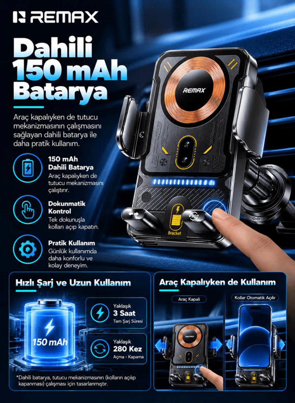 REMAX RM-C27 15W Kablosuz Şarjlı Araç Telefon Tutucu 90° Motorlu Dönüş, Akıllı Sensörlü Otomatik Kavrama, Siyah