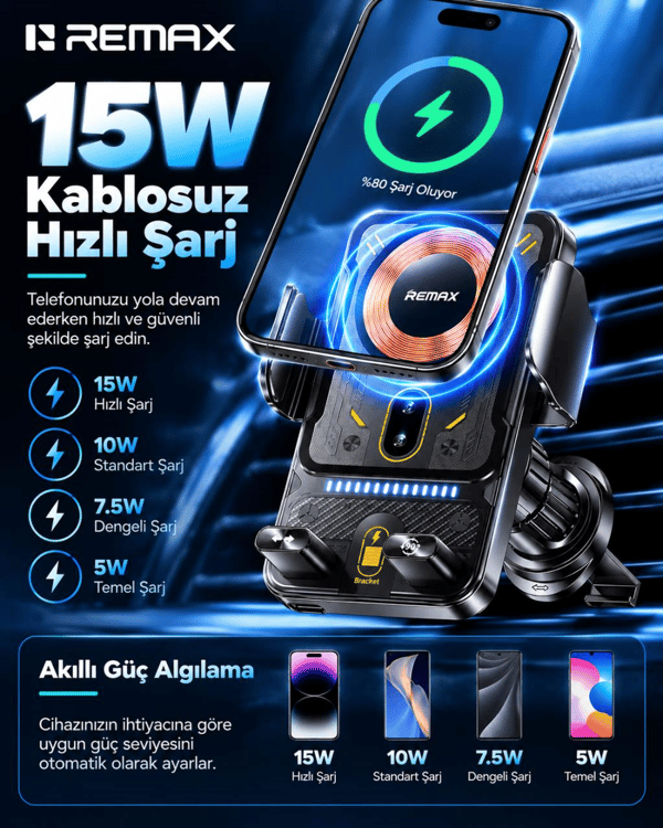 REMAX RM-C27 15W Kablosuz Şarjlı Araç Telefon Tutucu 90° Motorlu Dönüş, Akıllı Sensörlü Otomatik Kavrama, Siyah