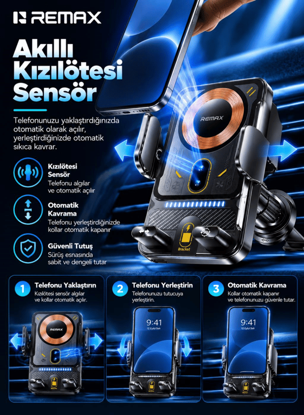 REMAX RM-C27 15W Kablosuz Şarjlı Araç Telefon Tutucu 90° Motorlu Dönüş, Akıllı Sensörlü Otomatik Kavrama, Siyah