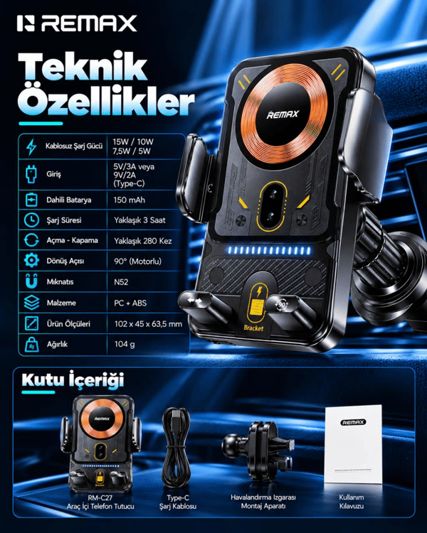 REMAX RM-C27 15W Kablosuz Şarjlı Araç Telefon Tutucu 90° Motorlu Dönüş, Akıllı Sensörlü Otomatik Kavrama, Siyah