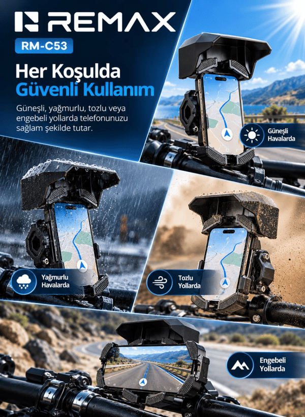 REMAX RM-C53 Güneşlikli Motosiklet ve Bisiklet Telefon Tutucu, 360° Döner, Otomatik Kavrama, Güvenlik Kilitli, Siyah