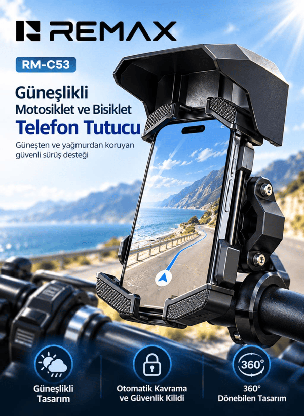 REMAX RM-C53 Güneşlikli Motosiklet ve Bisiklet Telefon Tutucu, 360° Döner, Otomatik Kavrama, Güvenlik Kilitli, Siyah