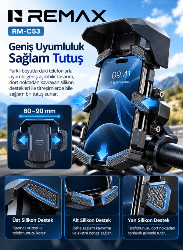 REMAX RM-C53 Güneşlikli Motosiklet ve Bisiklet Telefon Tutucu, 360° Döner, Otomatik Kavrama, Güvenlik Kilitli, Siyah