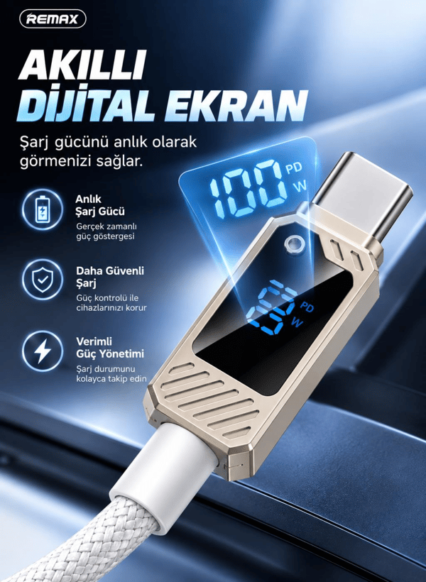 REMAX Suxien RC-C069 100W PD Dijital Ekranlı Type-C to Type-C Hızlı Şarj ve Data Kablosu 1.2 Metre Beyaz