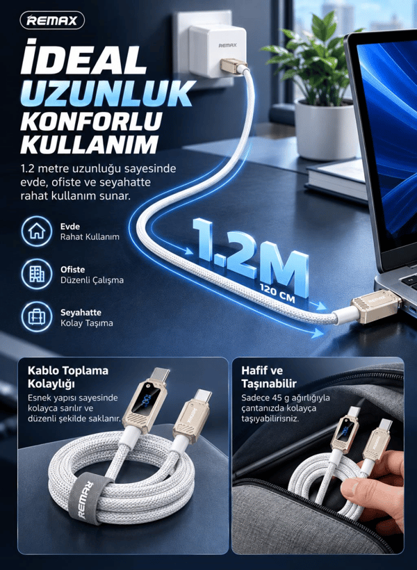 REMAX Suxien RC-C069 100W PD Dijital Ekranlı Type-C to Type-C Hızlı Şarj ve Data Kablosu 1.2 Metre Beyaz