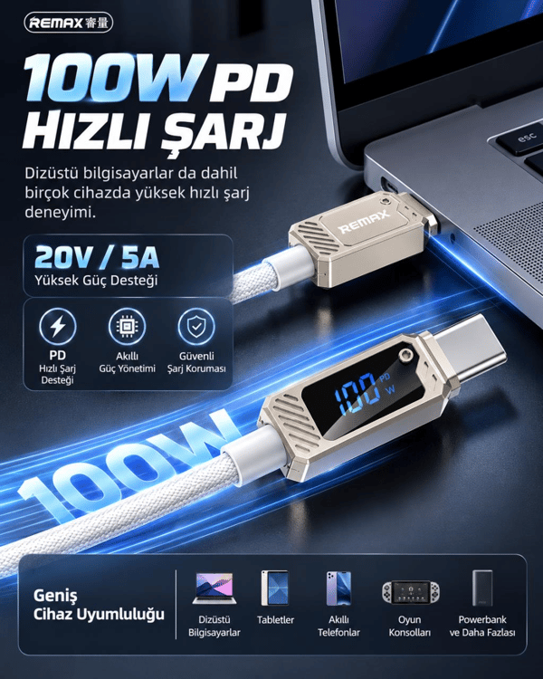 REMAX Suxien RC-C069 100W PD Dijital Ekranlı Type-C to Type-C Hızlı Şarj ve Data Kablosu 1.2 Metre Beyaz