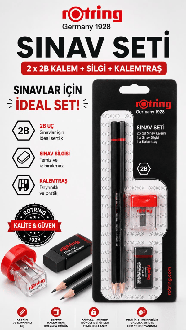 Rotring 2B Sınav Seti – 2 Adet Sınav Kalemi, Sınav Silgisi ve Kalemtıraş