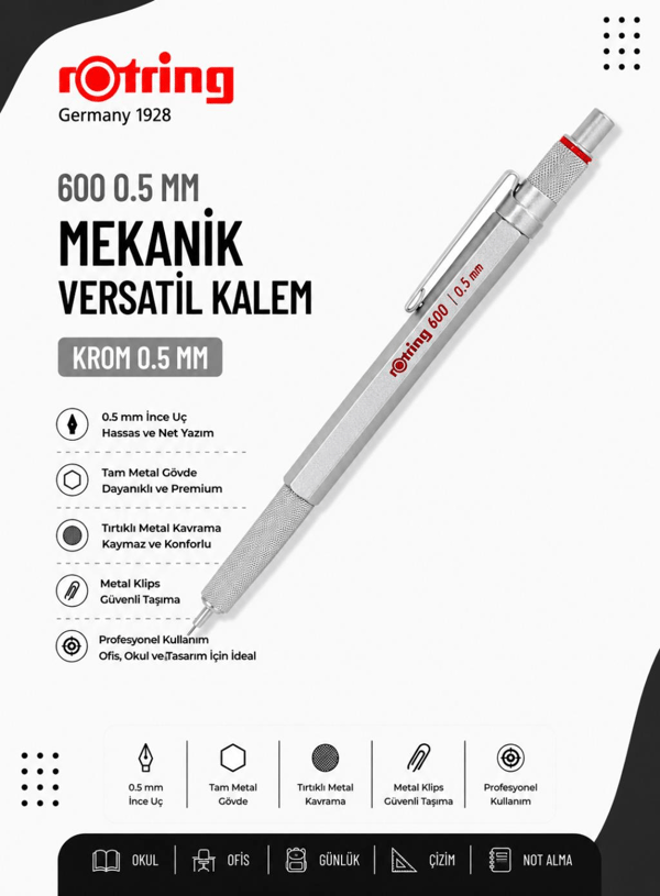 Rotring 600 Mekanik Versatil Kalem 0.5 MM Krom 1904445