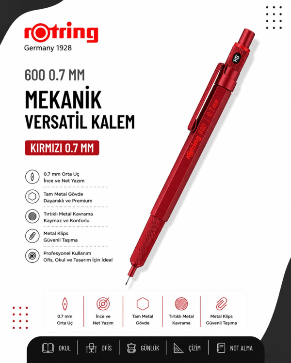 Rotring 600 Mekanik Versatil Kalem 0.7 MM Kırmızı 2114265