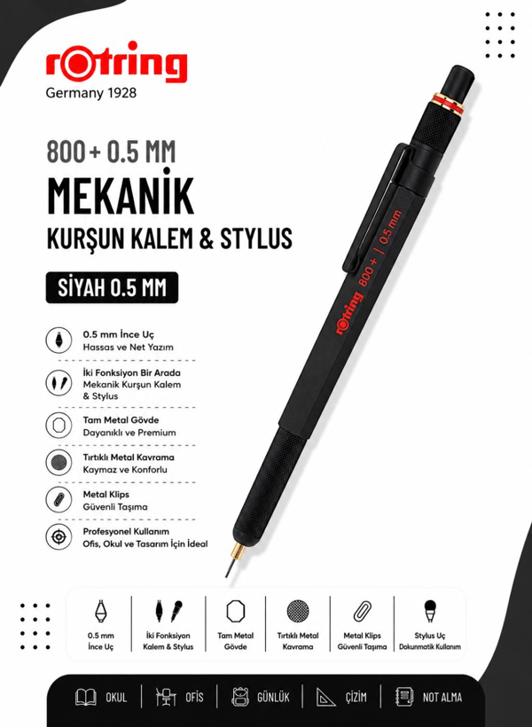 Rotring 800+ İki Fonksiyonlu Mekanik Kurşun Kalem & Stylus 0.5 mm – Siyah