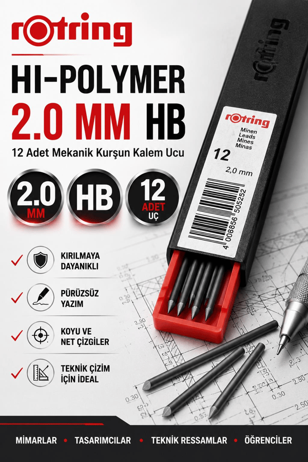 Rotring Hi-Polymer Mekanik Kurşun Kalem Ucu 2.0 mm HB – 12'li Paket